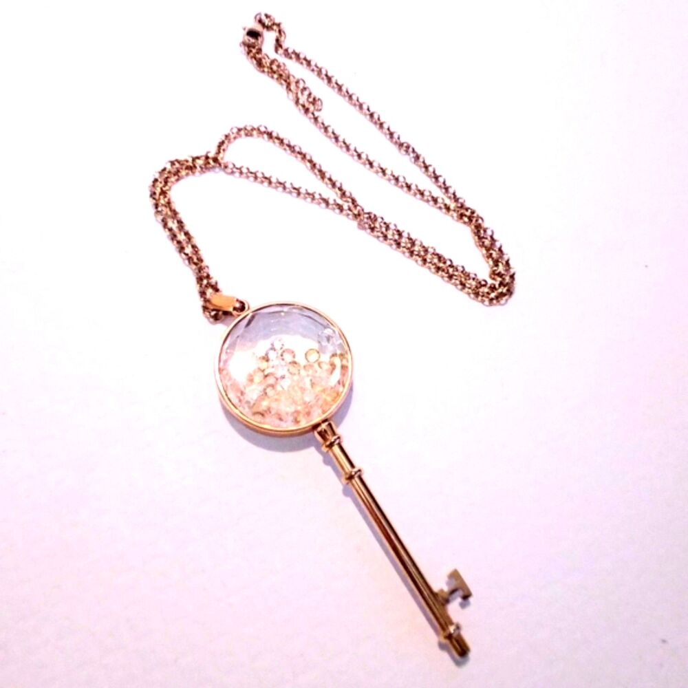 Steeltime Gold Over Stainless Steel Floating Crystal Key Pendant Necklace *